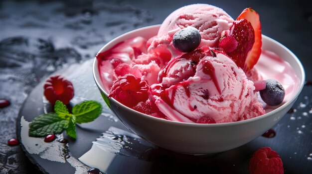 Delizioso gelato di bacche in una ciotola bianca guarnito con frutta fresca perfetto per le pubblicità estive Closeup sfondo scuro AI