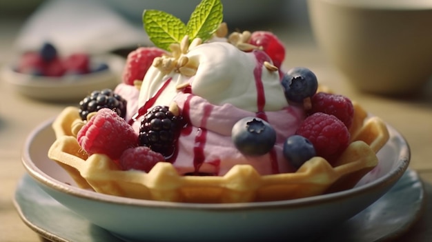 Delizioso gelato in ciotola di waffle guarnito con frutti di bosco e pistacchio IA generativa