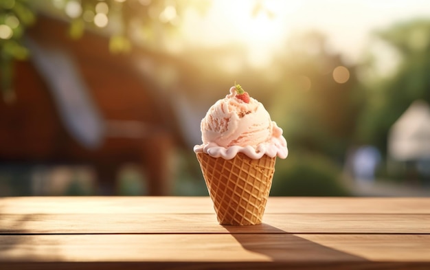 Delizioso gelato su una superficie di legno rustico su uno sfondo sfocato