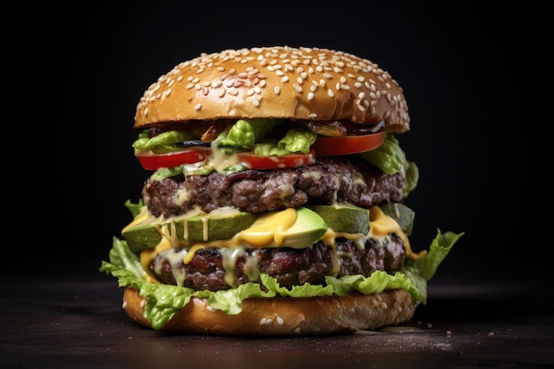 Delizioso grande hamburger alla moda con carne di avocado e formaggio su sfondo scuro