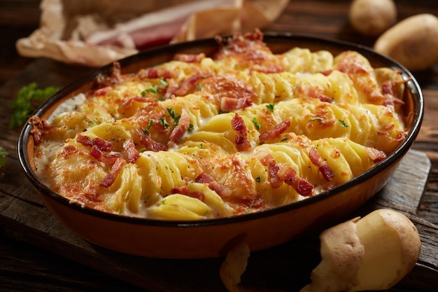 Delizioso gratin cremoso con patate e prosciutto servito sul tavolo in cucina