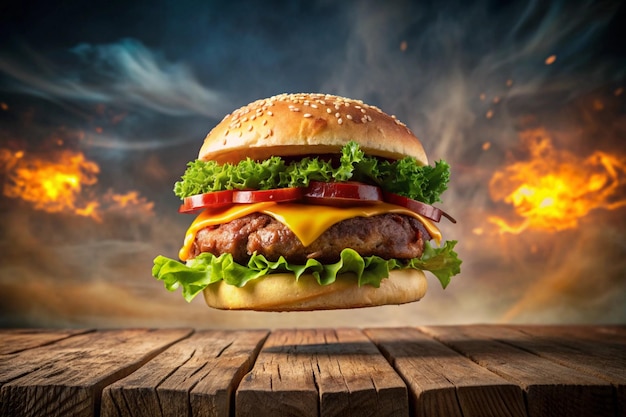 Delizioso gustoso hamburger volante sopra un tavolo hamburger al formaggio con pancetta