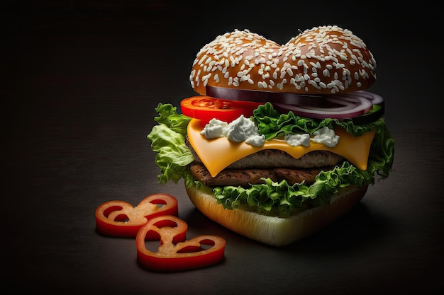 Delizioso hamburger a forma di cuore fatto in casa con formaggio che scorre e verdure isolate su sfondo nero