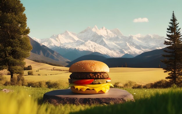 delizioso hamburger al formaggio su uno sfondo di valle