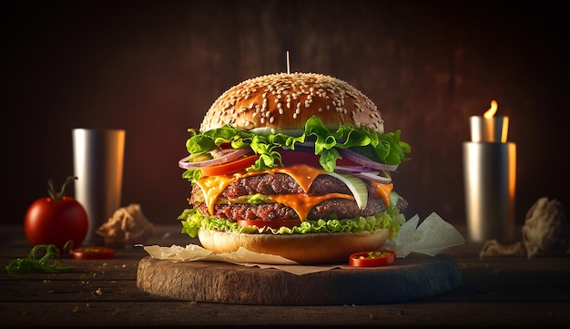 Delizioso hamburger alla griglia con formaggio di lattuga e verdure servito su una tavola da taglio in legno marrone con pezzi di carta artigianale su un bancone in legno rustico con una candela accesa.