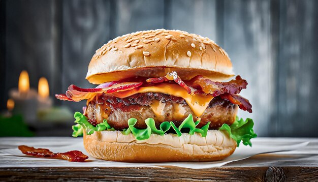 Delizioso hamburger alla griglia con pancetta.