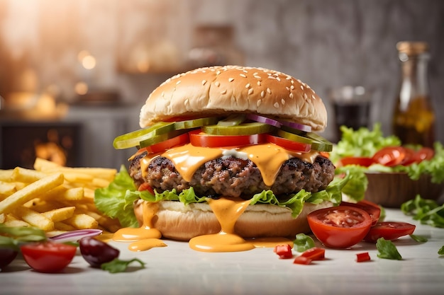 Delizioso hamburger con molti ingredienti isolati su sfondo bianco salsa splash gustoso cheeseburger