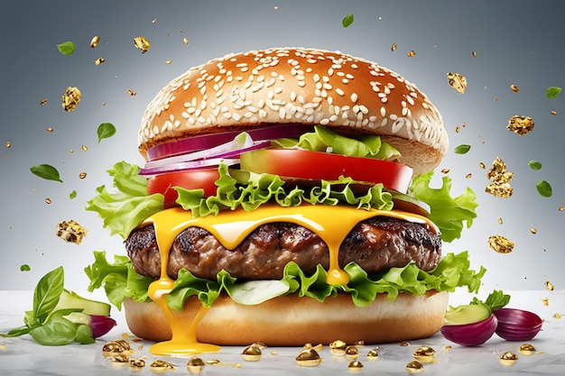 delizioso hamburger con molti ingredienti isolati su sfondo biancogustosa salsa splash cheeseburger