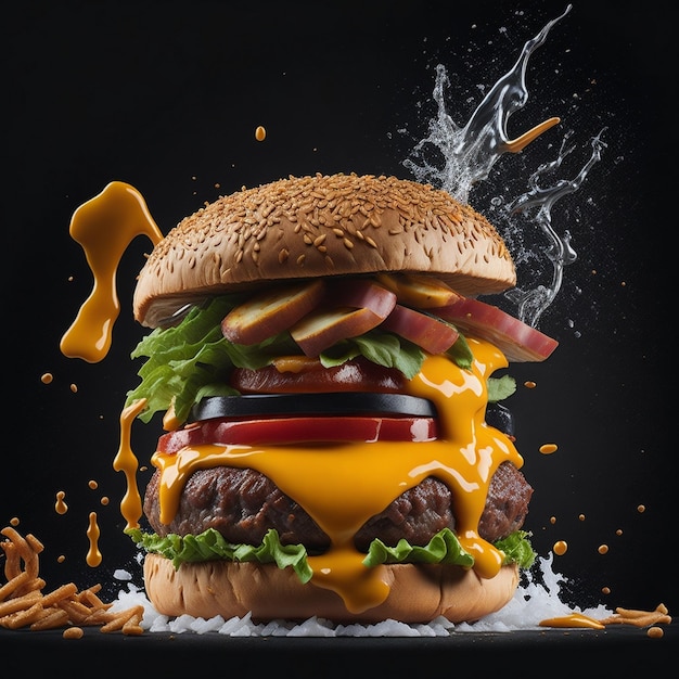 Delizioso hamburger con molti ingredienti isolati su sfondo nero gustosa salsa splash cheeseburger