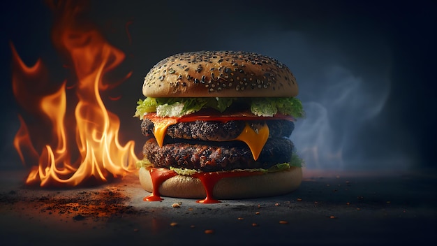 Delizioso hamburger di carne grande con fiamma, sfondo nero