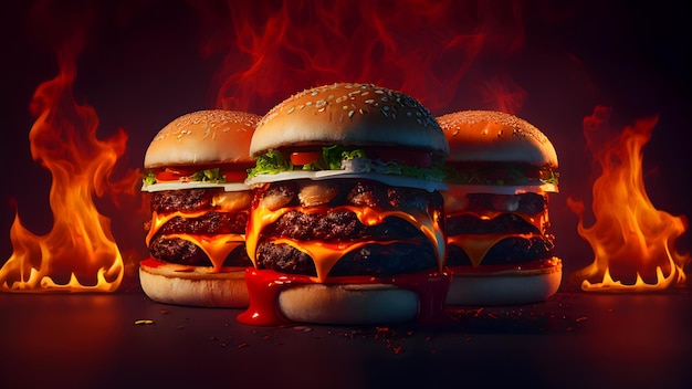 Delizioso hamburger di carne massiccia 3 con fiamma, sfondo rosso