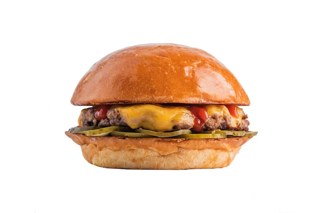 Delizioso hamburger di manzo con cetrioli e pomodori isolati