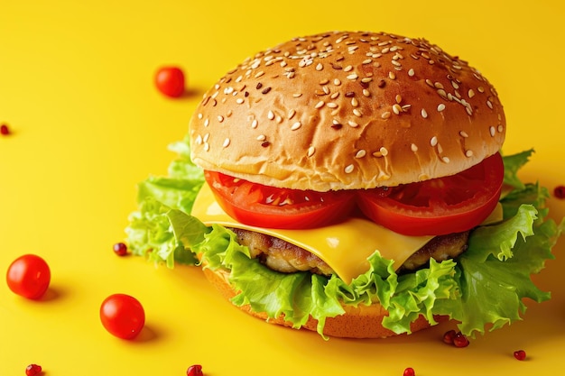 Delizioso hamburger di pesce con fette di formaggio e lattuga fresca su sfondo giallo e rosso