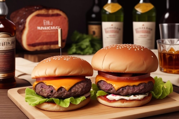 Delizioso hamburger di tripla carne con bacon e formaggio giallo accompagnato da una bottiglia di bibita fresca o