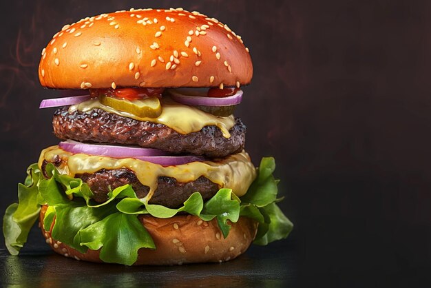 Delizioso hamburger fatto a mano in mostra su un affascinante banner sullo sfondo scuro
