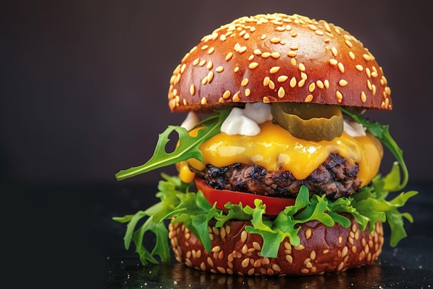 Delizioso hamburger fatto in casa catturato in un affascinante banner sullo sfondo scuro