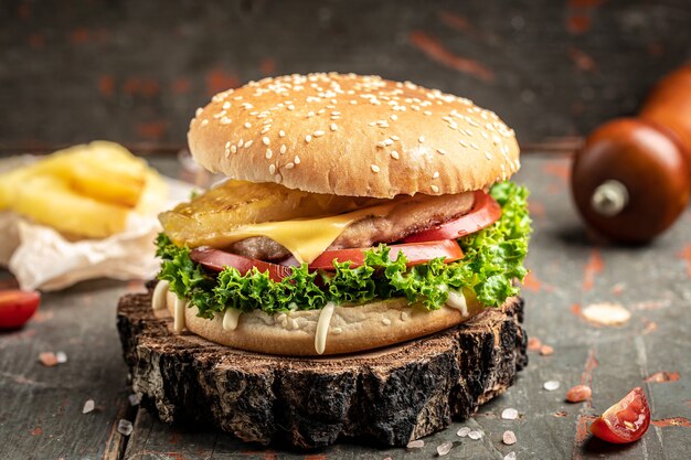 Delizioso hamburger fatto in casa di manzo, formaggio e verdure. Cibo malsano grasso. posto per il testo