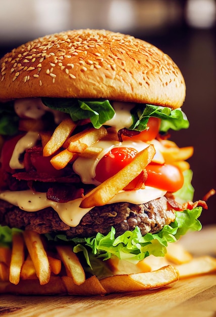 Delizioso hamburger formaggio pomodoro maionese pancetta insalata cipolla sottaceto servito con patatine fritte