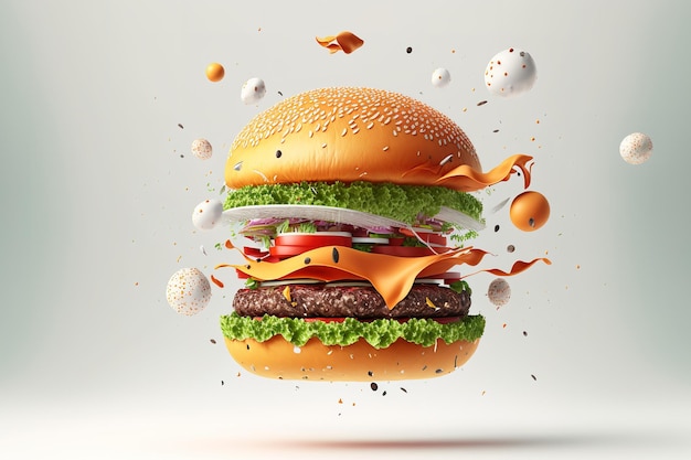 Delizioso hamburger su uno sfondo bianco con componenti galleggianti