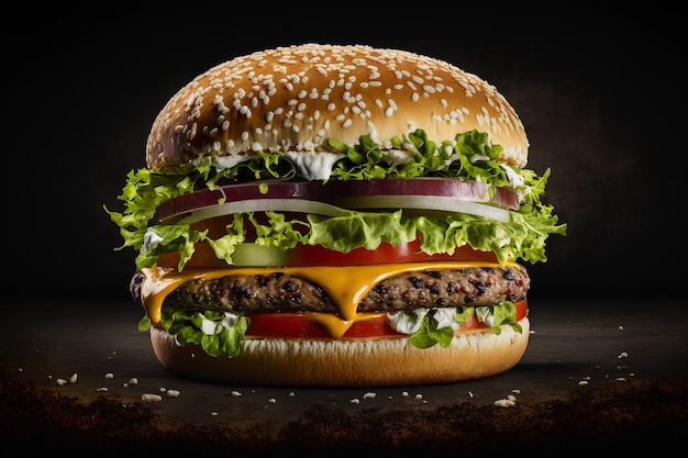 Delizioso hamburger succoso su uno sfondo scuro