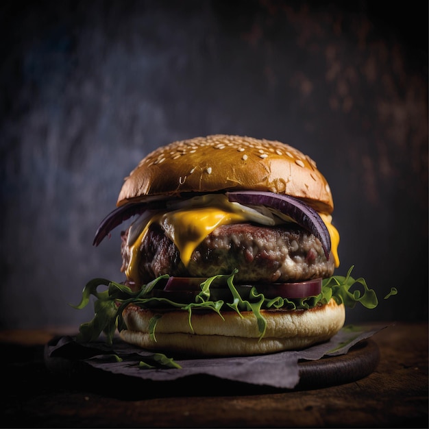 Delizioso hamburguer su sfondo scuro per post, foto professionale di un hamburguer