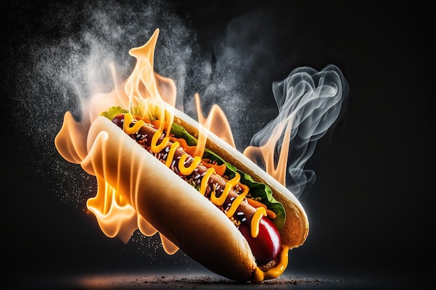 Delizioso hot dog con il fuoco su uno sfondo scuro ai illustrazione generativa