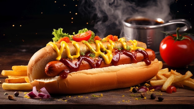 Delizioso hot dog con patatine fritte fast food