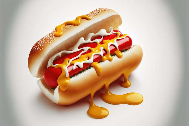 Delizioso hot dog con senape e ketchup vista dall'alto isolato su sfondo bianco AI generativa