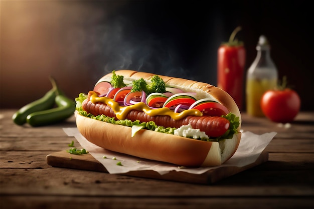 Delizioso hot dog su tavola in legno rustico AI generato Fast food Cibo di strada