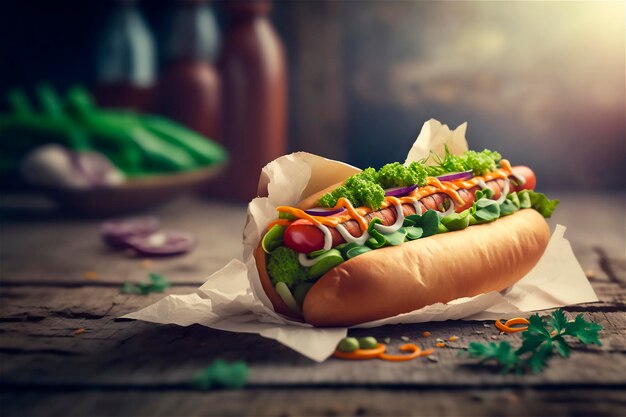 Delizioso hot dog su tavola in legno rustico AI generato Fast food Cibo di strada