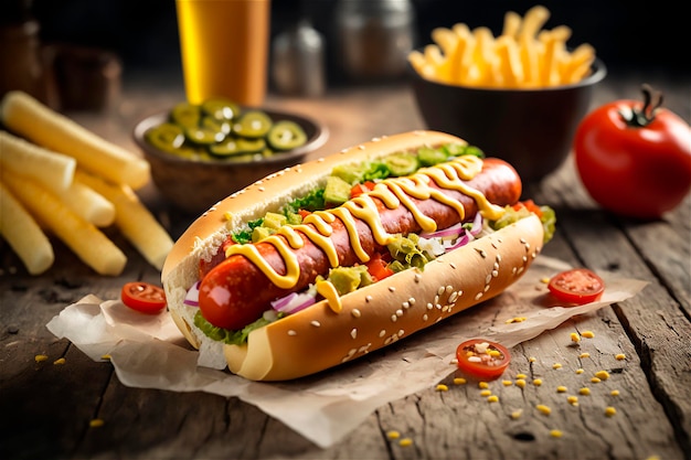 Delizioso hot dog su tavola in legno rustico AI generato Fast food Cibo di strada