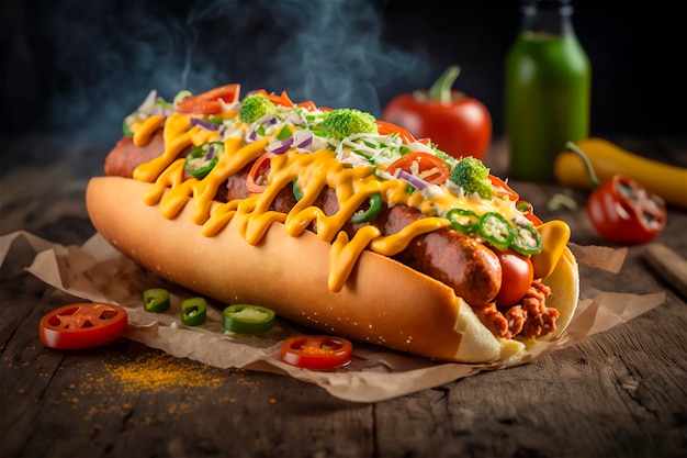 Delizioso hot dog su tavola in legno rustico AI generato Fast food Cibo di strada