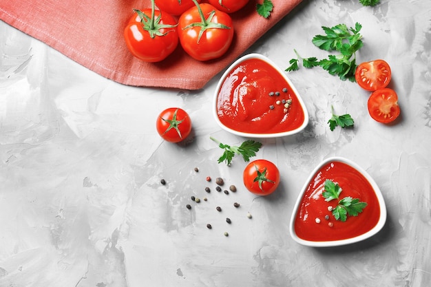 Delizioso ketchup in ciotole con ingredienti su sfondo grigio vista dall'alto