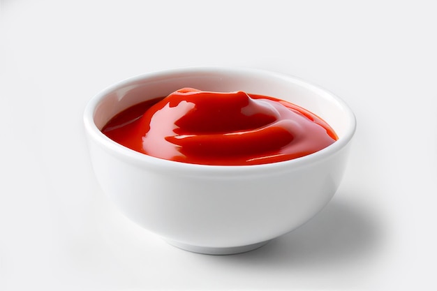 Delizioso ketchup in una ciotola bianca isolata su sfondo bianco. Porzione di salsa di pomodoro con ritaglio