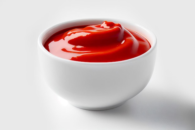 Delizioso ketchup in una ciotola bianca isolata su sfondo bianco. Porzione di salsa di pomodoro con ritaglio