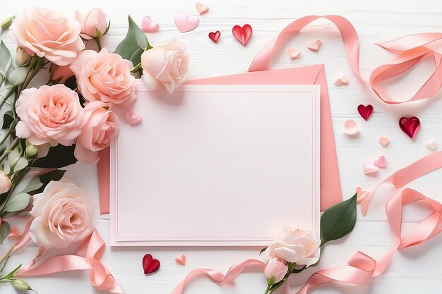 Delizioso layout rosa pastello con fiori decorazione nastro cuori e carta mock up su scrivania bianca sfondo vista superiore piana posa invito di matrimonio ragazze compleanno o Giorno della Madre concetto di saluto