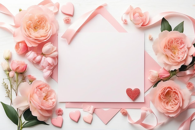 Delizioso layout rosa pastello con fiori decorazione nastro cuori e carta mock up su scrivania bianca sfondo vista superiore piana posa invito di matrimonio ragazze compleanno o Giorno della Madre concetto di saluto