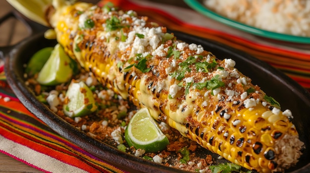 Delizioso mais alla griglia messicano con topping e lime