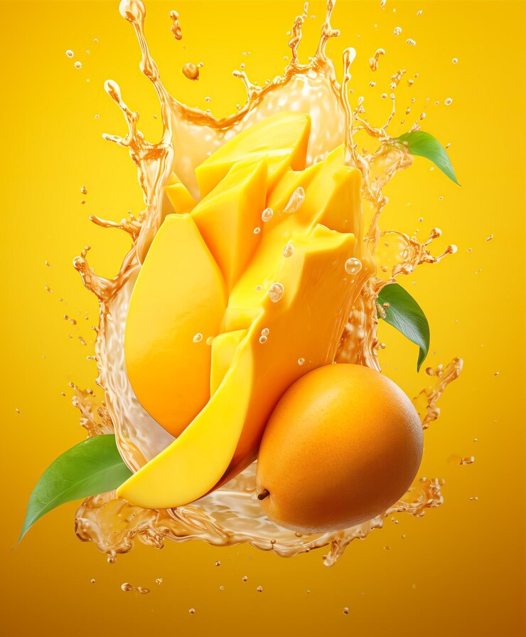 Delizioso mango realistico con spruzzi di succo