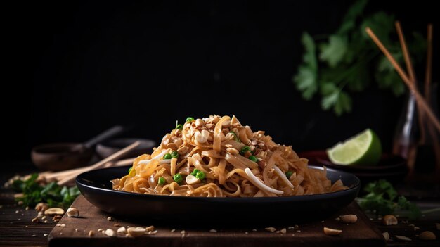 Delizioso pad thai in modalità oscura Tagliatelle tailandesi allettanti con sapori ricchi ed estetica lunatica