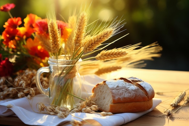 Delizioso pane bianco appena cotto e fasce d'oro di grano adornano un'affascinante tavola rustica