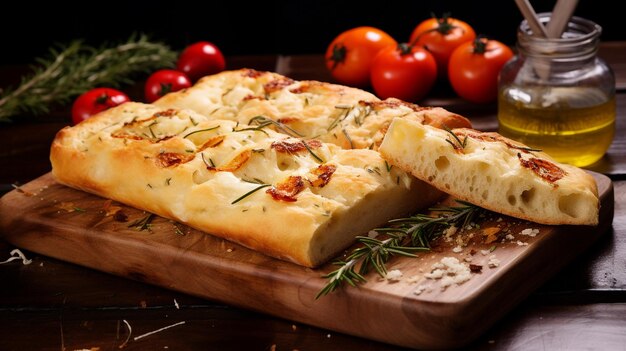 Delizioso pane focaccia italiano su un tavolo da taglio in legno AI generativa