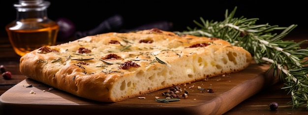 Delizioso pane focaccia italiano su un tavolo da taglio in legno AI generativa