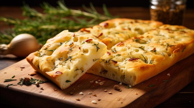 Delizioso pane focaccia italiano su un tavolo da taglio in legno AI generativa