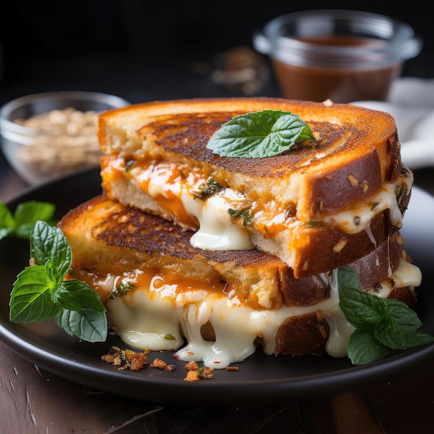 Delizioso panino al formaggio grigliato con foglie di basilico