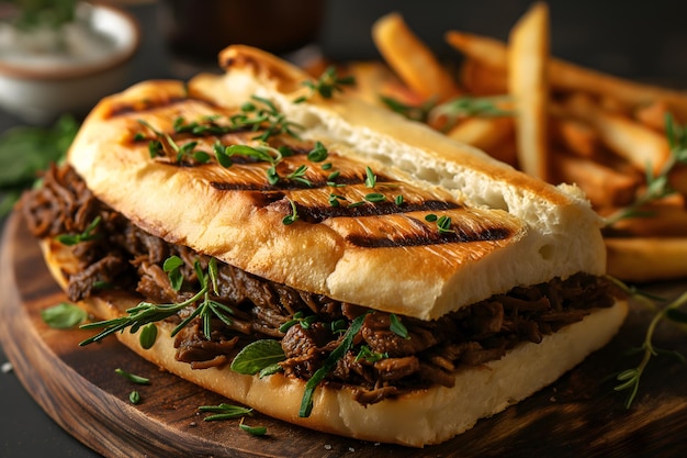 Delizioso panino alla griglia con carne di maiale e patatine fritte dorate