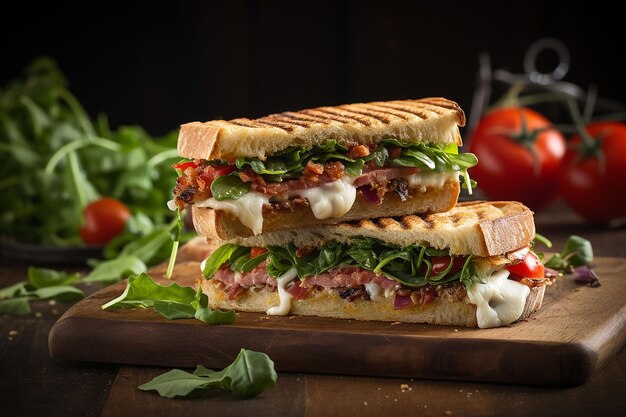 Delizioso panino club con formaggio al prosciutto e lattuga su uno sfondo di legno scuro generato dall'AI