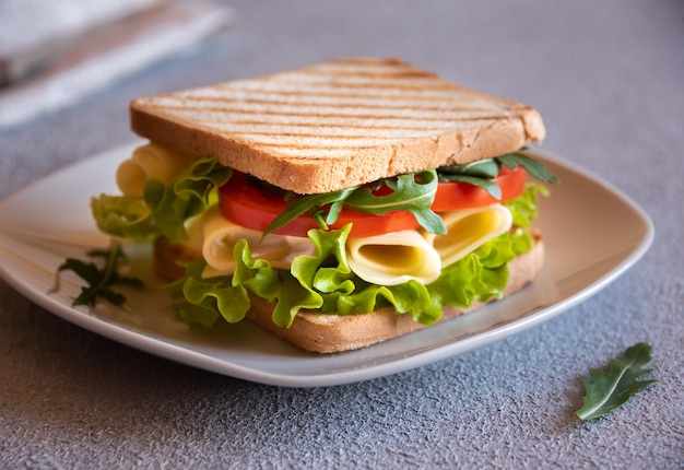 Delizioso panino con pane tostato, lattuga, formaggio e pomodori Sana merenda fatta in casa