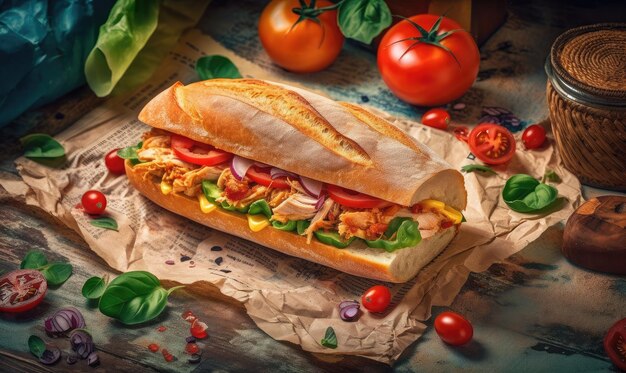 Delizioso panino con pollo alla griglia foglie di lattuga fresca e pomodori generativa AI