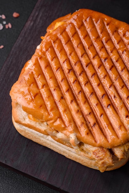 Delizioso panino croccante con petto di pollo pomodori ketchup e spezie